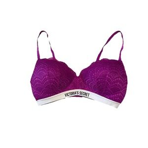 Victoria's Secret Lined No Wire Bra 36D Magenta/ Pink Lace Wireless